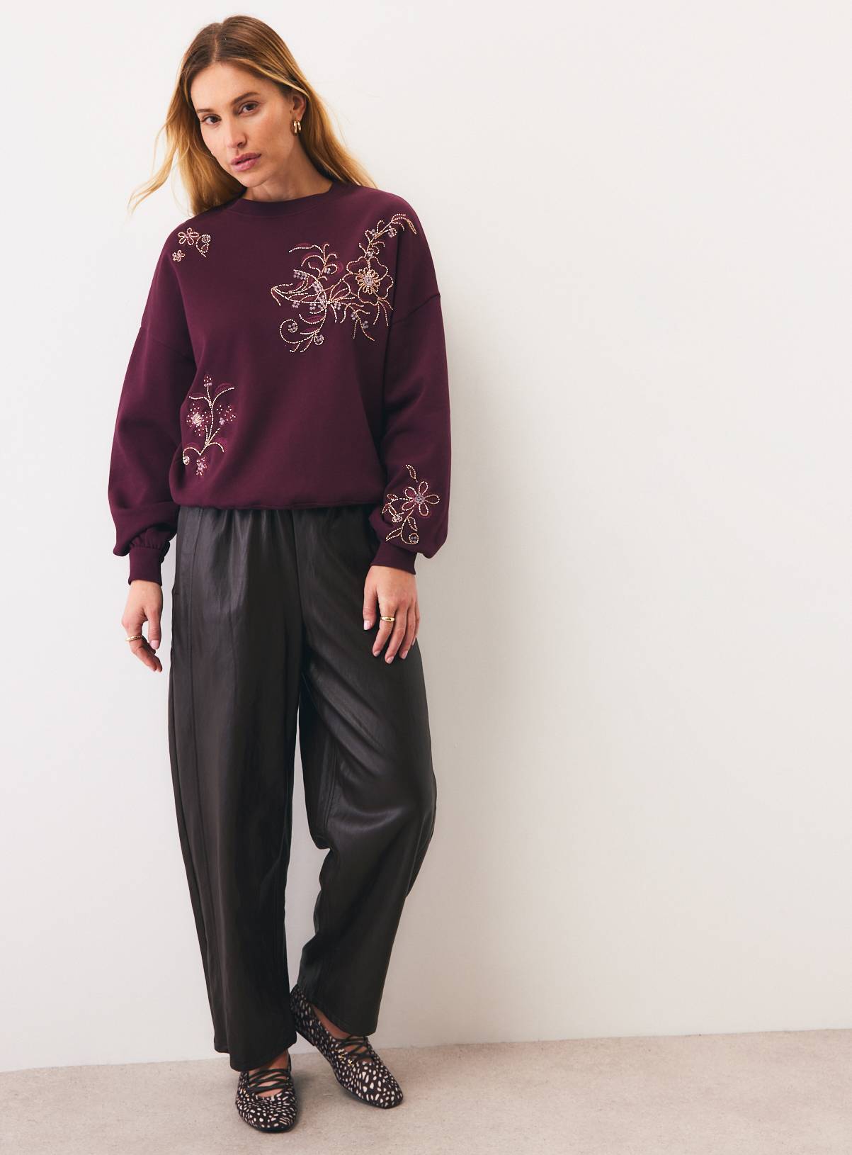 Dark Red Embellished Flower Sweatshirt L - Image 2